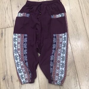 Women's Burgundy Elephant  Aztec Cotton Pattern Herem Pants